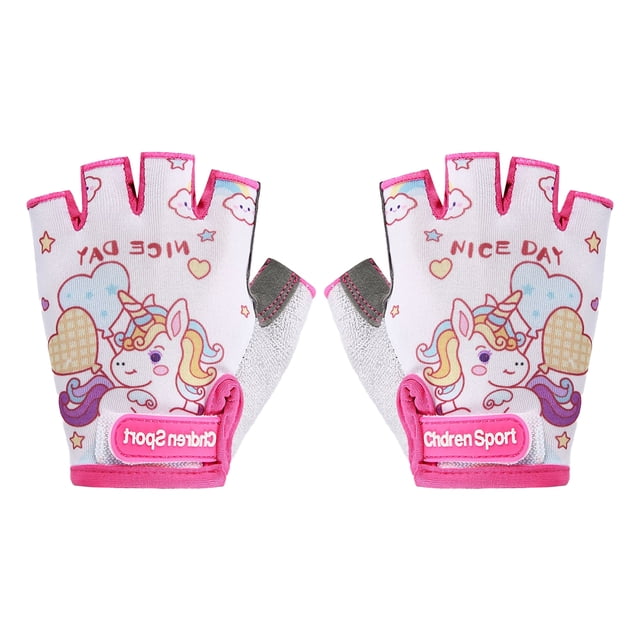 Children's half finger gloves with a vibrant unicorn design, featuring pink accents and the text 'Nice Day' on the back. These fingerless bicycle gloves are made of spandex fabric with double stitching and faux leather for durability and comfort. The palms are equipped with anti-slip gel for enhanced grip, making them suitable for cycling, rowing, yoga, and other outdoor activities. Includes a hook and loop closure for a secure fit.