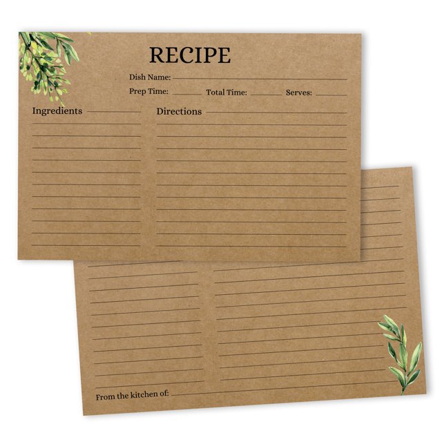 Inkdotpot 4x6 Inch Recipe Cards (Set of 50) , Thick Double Sided Premium Card Stock- Modern Style Kraft Recipe Notecards for Weddings- Bridal- Baby Shower - Greenery Theme