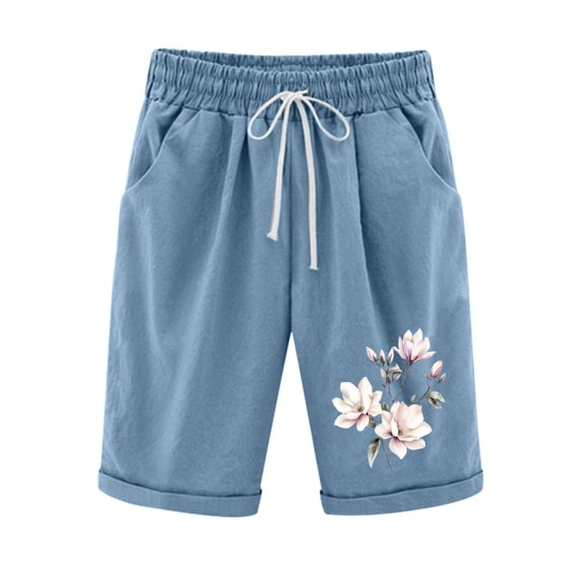 Women Printed Elastic Waist Drawstring With Casual Pockets Shorts