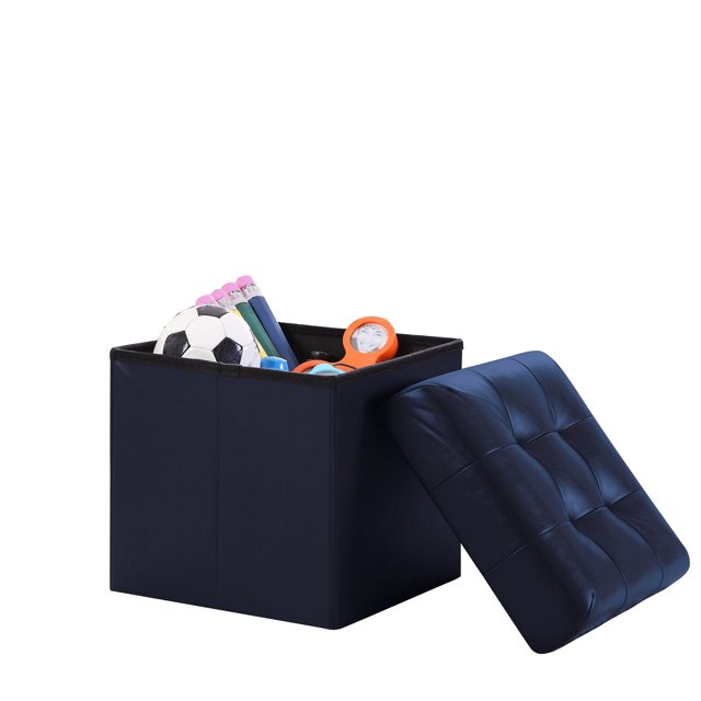 Coffre de Meuble Pliable de Rangement Ottoman en Cuir Capitonné Repose-Pieds (Petit, Marine)