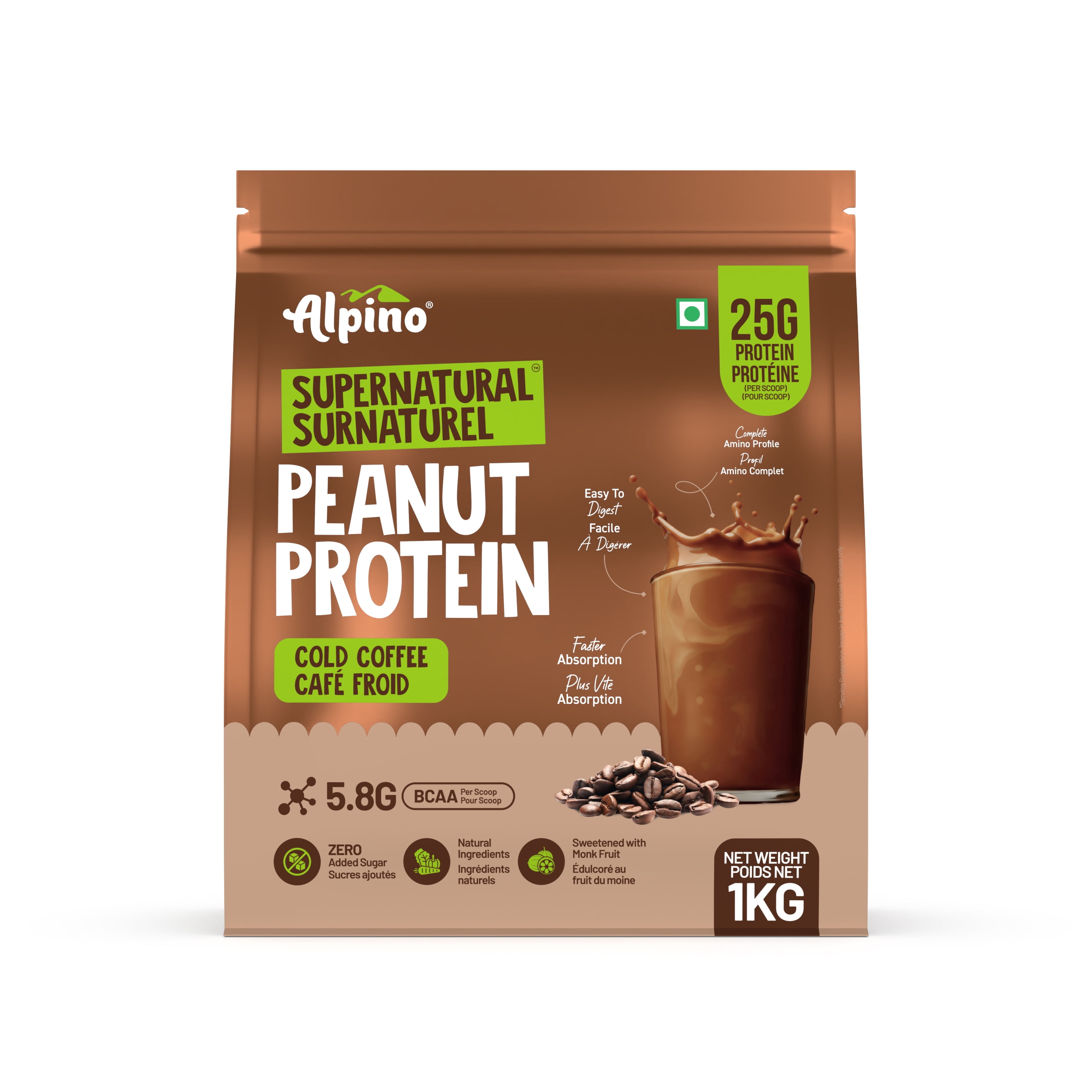 Alpino Peanut Protein Powder Cold Coffee 1Kg |  25g Protein, 5.8g BCAAs |  No Added Sugar |  Shelf  Stable |