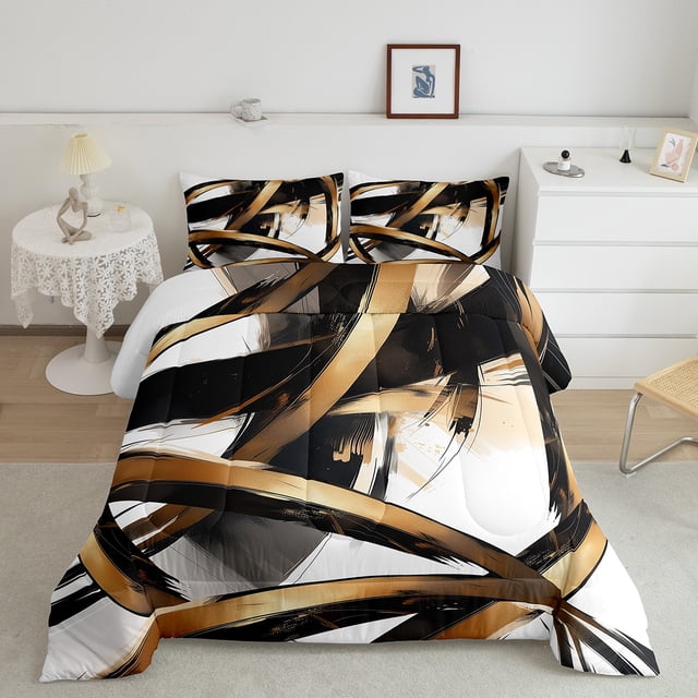 Erosebridal Black and Gold Bedding Full Comforter Set, Abstract Line Down Comforter, Geometry Home Decor Lightweight 3pcs