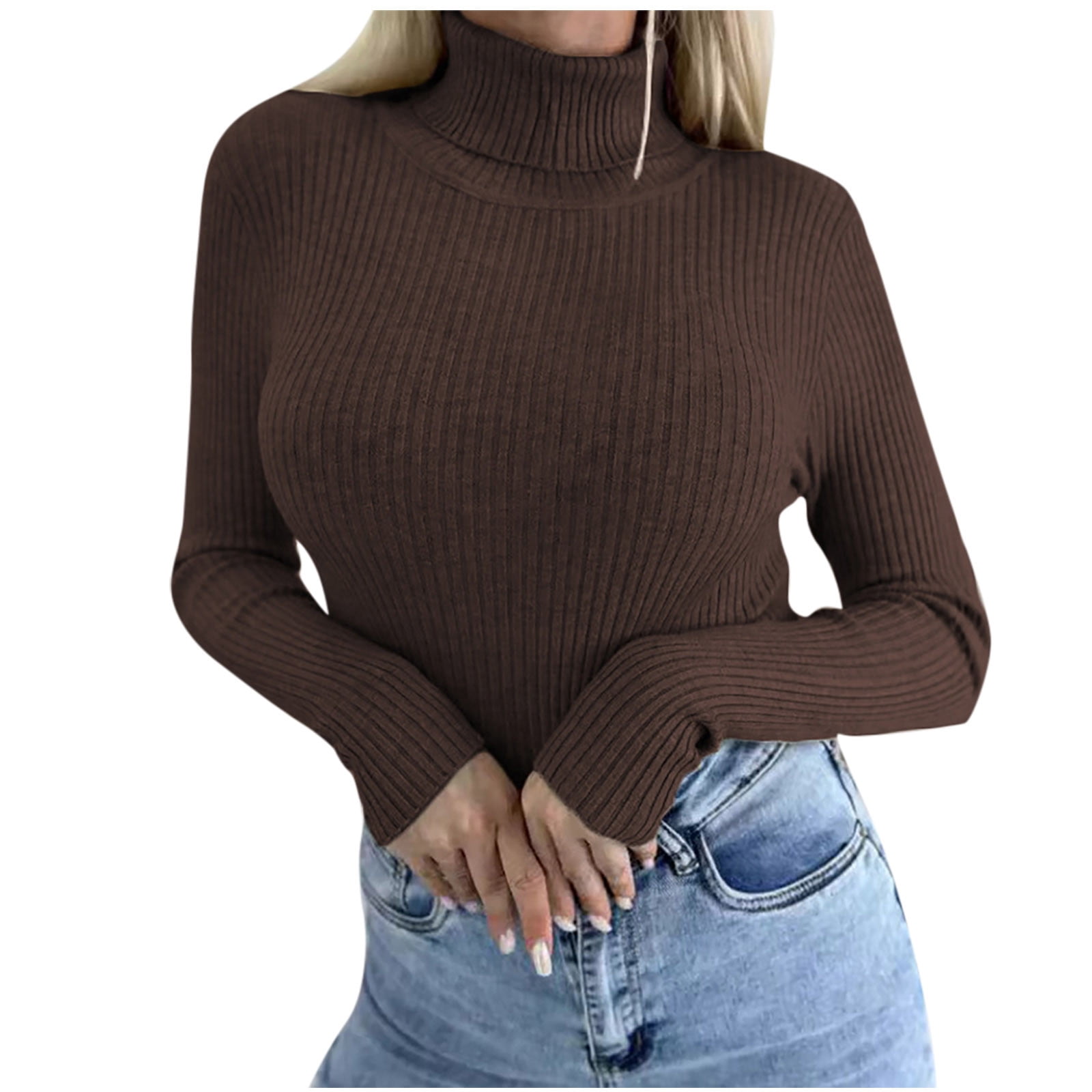 hoksml Women's Turtleneck Sweater Base Solid Color Slim Fit Knit Pullover Fashion Soft Layering Essential for Winter