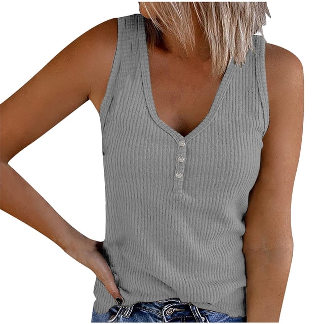 AherBiu Ribbed Tank Tops for Women 2024 Summer Knitted Slim Fitted Camis Stretchy Comfy Button V Neck Tops