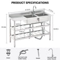 thumbnail image 3 of GloryStar Commercial Utility Sink, 47 Inch Freestanding Stainless Steel Double Bowl with Storage Shelf, Workbench, and Faucet for Restaurant or Garage, 3 of 7