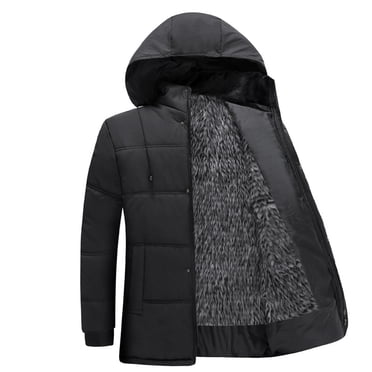 CEHVOM Men Casual Solid Winter Hooded Stand-up Collar Zipper Hat Detachable Pocket Lamb Wool Thicken Coat