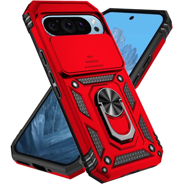 KOMI Designed for Google Pixel 9, Military-Grade Drop-Proof Case with Sliding Camera Cover and Ring Kickstand, Heavy Duty Shockproof Full Body Protective Phone Case, Red
