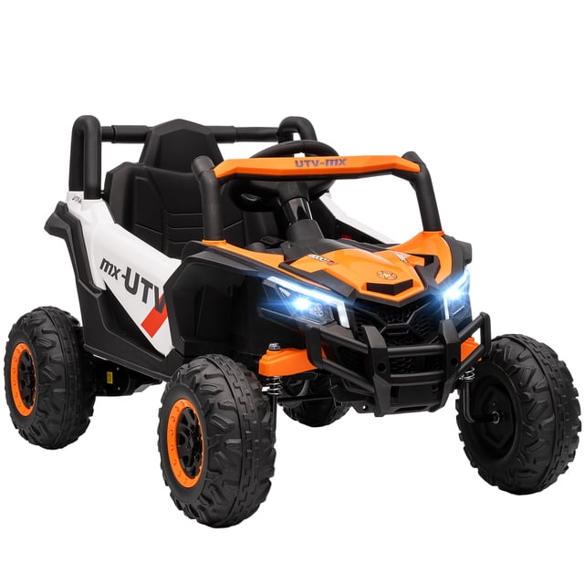 Qaba Voiture 12V pour Enfants Ride avec Télécommande, Conçue pour les Enfants de 3 à 5 Ans, de Couleur orange Vibrante. Cette Ride-on Motorisée Présente un design UTV Réaliste avec des Phares Fonctionnels, un Klaxon et des Capacités Musicales. Elle Comprend une Télécommande Parentale, une suspension à Quatre Roues et une Fonction de Démarrage Lent pour la Sécurité. la Voiture a une Plage de Vitesse de 1,9-4,4 Mi/h (3-7 km/h) et une Capacité de Charge Maximale