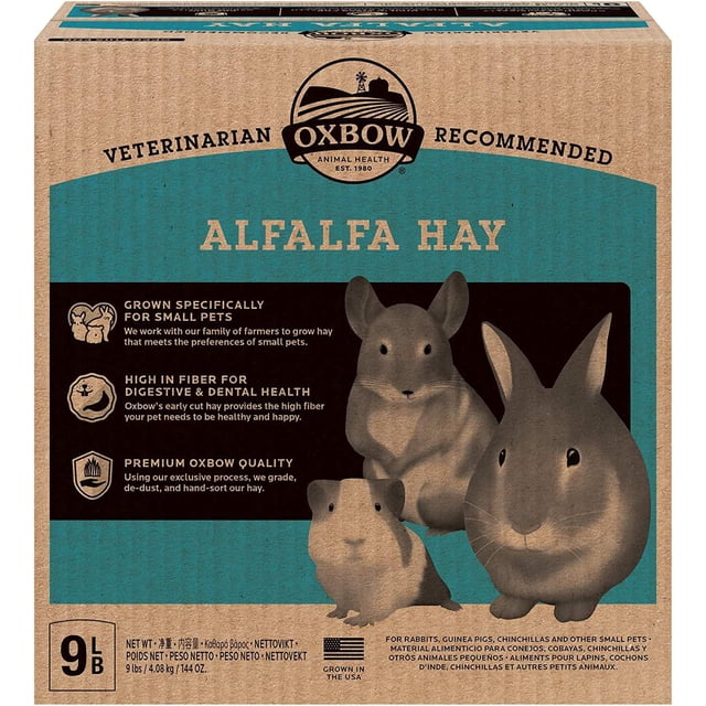 OxBow Alfalfa Hay small animal food 9 lb bag featuring illustrations of a rabbit, guinea pig, and chinchilla on a blue and brown textured background, formulated with high fiber for digestive and dental health, ideal for growing, pregnant, or nursing small pets, and suitable as a treat for rabbits, guinea pigs, and chinchillas.