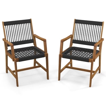 Costway Chaises de Salle à Manger de Patio 2 Pcs en Bois d'Acacia Fauteuils à Accoudoirs Tressés en Corde Toutes Saisons pour l'Extérieur