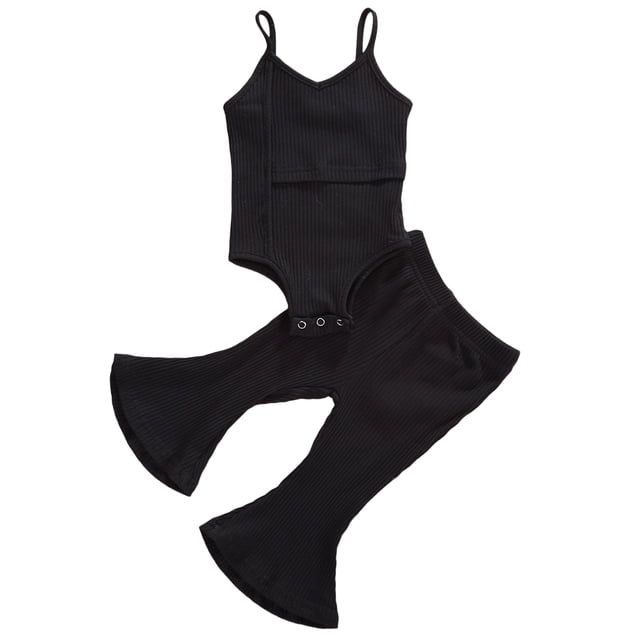 Xingqing 2PCS Infant Baby Girls V-Neck Solid Color Sleeveless Jumpsuit Bell-Bottom Suit