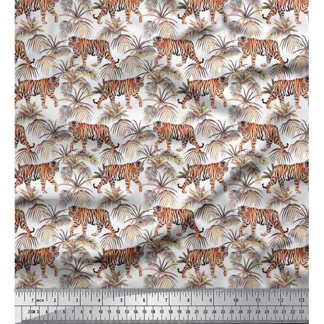 Soimoi Poly Georgette Fabric Leaves & Tiger Jungle Print Sewing Fabric Yard 52 Inch Wide