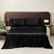 Meitianfacai King Size Soft Solid Matte Satin Bed Sheet Set Hotel Quality Pillowcases Polyester Microfiber Bedding Ensemble Lustrous Finish for Enhanced Comfort (Black)