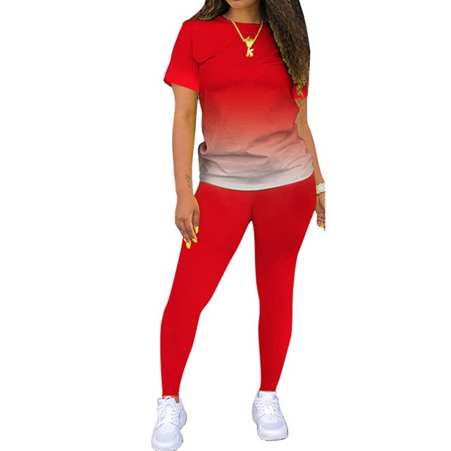 MAWCLOS Women Jogger Set Short Sleeve Sweatsuits Gradient Two Piece Outfit Boho Running Crew Neck Lounge Sets Red M