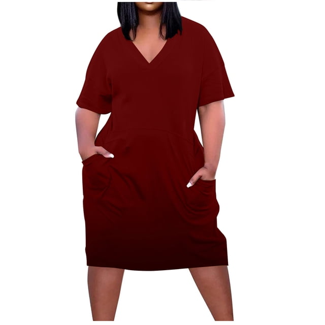 EQWLJWE Robes d'Été pour Femmes 2023 Robe Grande Taille pour Femmes Col en V Robes d'Été Décontractées avec Poche Genou Manches Courtes avec Poches