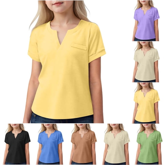 Feancey T-Shirts d'Été pour Tout-Petites Filles Col en V Fendu Manches Courtes Hauts Couleur Unie T-Shirt Décontracté Coupe Ample T-Shirts Décontractés Soldes de Vacances Liquidation Bleu 3 Ans