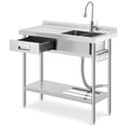 thumbnail image 1 of 39 x 23 x 31-Inch Stainless Steel Utility Sink with Left Drawer, Freestanding Single Bowl Kitchen Sink, Drawer Pull-Out, Hot/Cold Faucet, Built-In Drain Basket, Dish Rack for Laundry Room, Garage, 1 of 7
