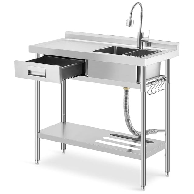 39 x 23 x 31-Inch Stainless Steel Utility Sink with Left Drawer, Freestanding Single Bowl Kitchen Sink, Drawer Pull-Out, Hot/Cold Faucet, Built-In Drain Basket, Dish Rack for Laundry Room, Garage