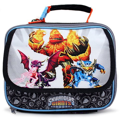 Skylanders Giants Deluxe Lunch Bag featuring vibrant Skylander Army characters, including fiery and electric-themed designs. This multicolour kids' lunch bag has a rubberized handle, insulated zipper closure, and two compartments for easy portability. Made of durable, PVC-free material, measuring 9 x 8 x 4 inches, ideal for school, picnics, or work.