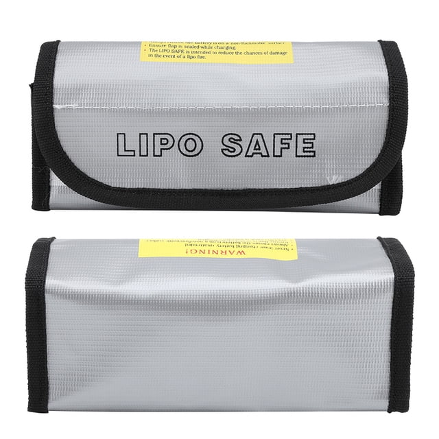 TOPINCN Fireproof Bag LiPo Battery Explosion-Proof Safety Bag, a rectangular silver fireproof charging pouch with black reinforced edges and 'LIPO SAFE' text on the front. Includes a yellow warning label for safety. Ideal for organizing, charging, and storing lithium and other battery types. Lightweight and portable, measuring approximately 18.8 x 8 x 8.5 cm.