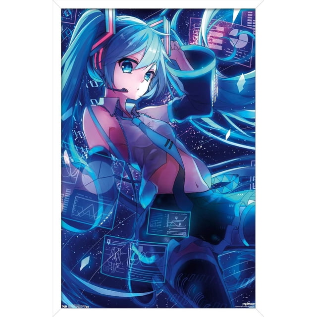 Hatsune Miku - Affiche Murale d'Écrans, 22,375 Pouces x 34 Pouces Présentant l'Art Numérique d'Hatsune Miku avec de Longues Queues Jumelles turquoise, Haut Sans Manches, Cravate et Manches de Bras, Entourée d'Écrans Numériques Flottants Bleu Translucide Affichant des Graphiques et des Données dans un Fond Étoilé Cosmique, Convient à la Décoration Murale de Chambre Ou de Bureau.