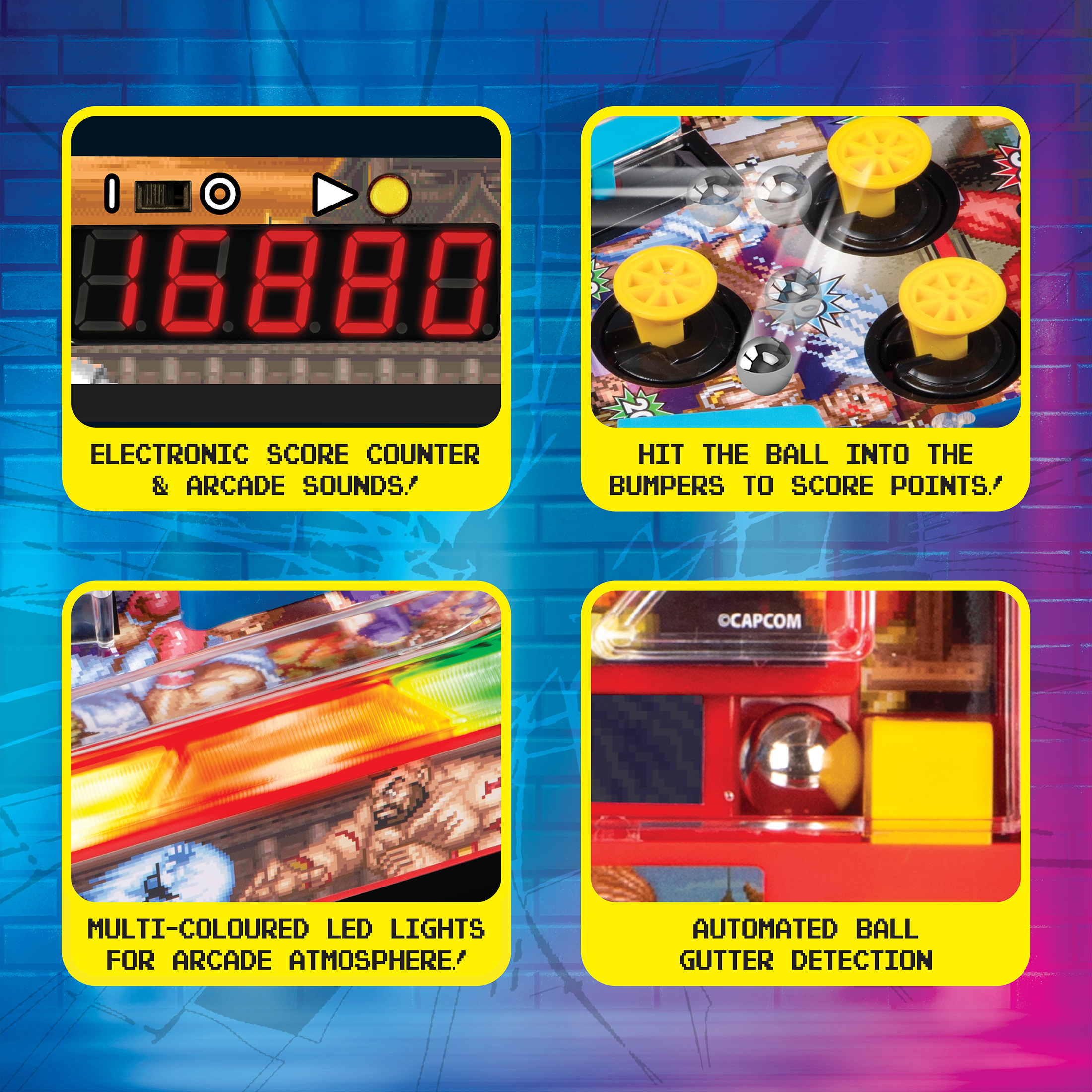 Flipper électronique STREET FIGHTER II avec bumpers vibrants et tableau de score LED, jeu de table pour la famille et les enfants, dès 6 ans.