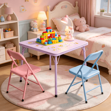 Homy Casa Ensemble table et chaises pliantes pour enfants, 3 pièces, table carrée et 2 chaises, rose bleu lavande