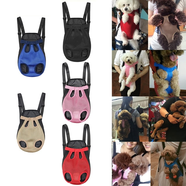 Essen Pet Carrier Backpack Adjustable Front Cat Dog Legs Tail Out Chest Travel Bag available in blue, black, pink, beige, and red. Features breathable mesh design with openings for legs and tail, suitable for pets with back lengths ranging from 25cm to 50cm. Ideal for shopping, traveling, or outdoor activities.