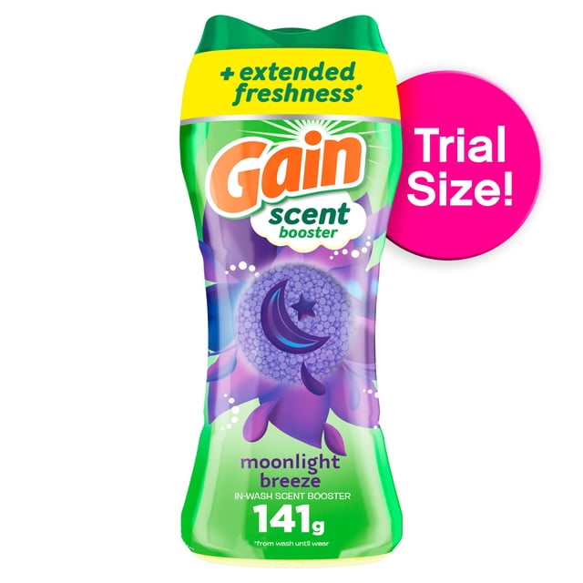 Gain In-Wash Laundry Scent Booster Moonlight Breeze scent in a 141 g green and purple bottle with a yellow band labeled extended freshness and a pink trial size circle, featuring a crescent moon and star graphic, suitable for enhancing laundry freshness and odour protection.