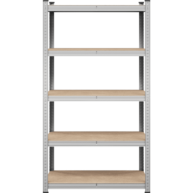Fullfurnique 71″ Height Metal Storage Rack with Adjustable Shelves in silver, a 5-tier galvanized iron frame with light brown MDF shelves, each shelf height-adjustable with central support beams and rubber foot pads for stability and floor protection, ideal for garage or home storage and organization, also suitable for storing tools or gardening supplies.