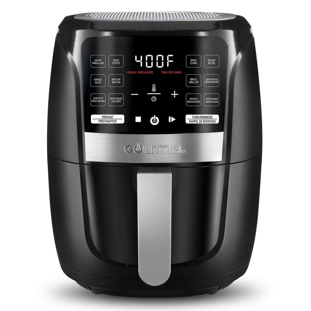 Gourmia 5-Quart Digital Air Fryer with black matte finish and stainless steel handle, featuring a touchscreen display set to 400°F and 12 one-touch cooking presets including air fry, bake, roast, broil, dehydrate, and reheat, using FryForce 360° Technology for healthy, even cooking with less oil.