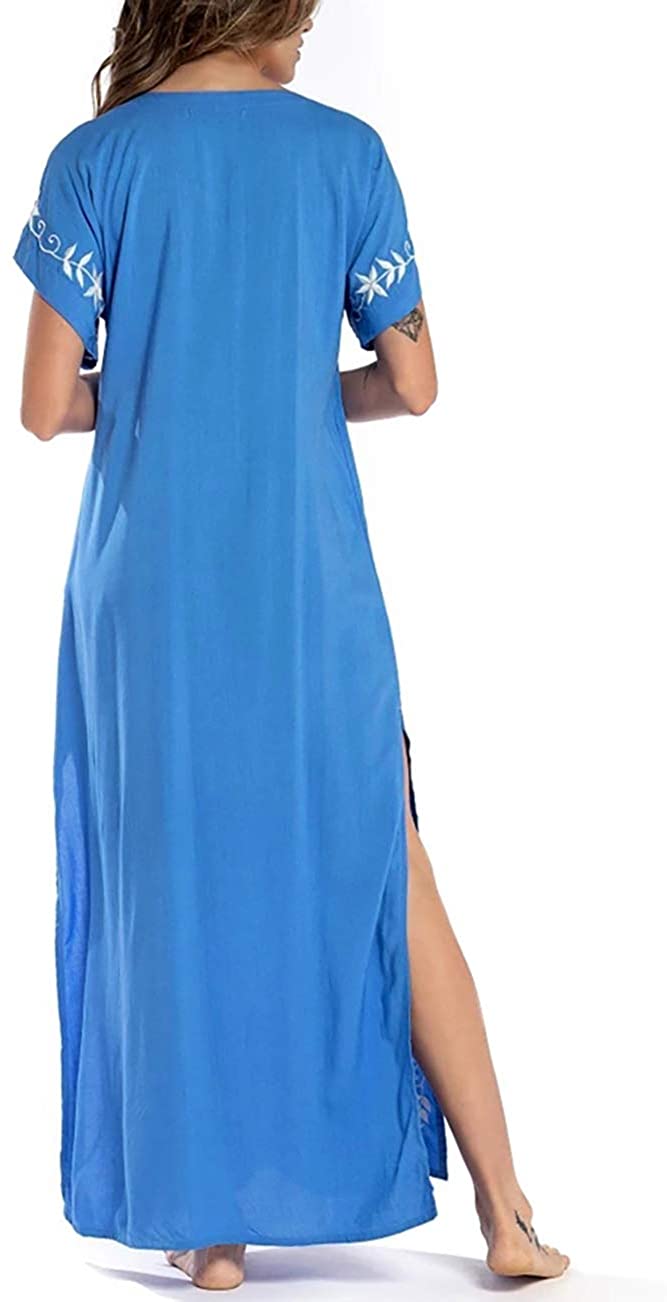 Women Embroidery Short Sleeve Bikini Swimsuit Cover Up Side Split Beach Dress