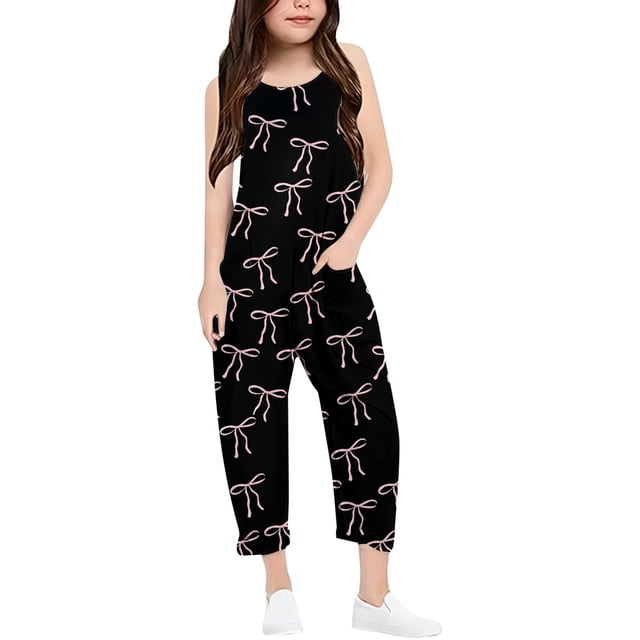 Girls Overall Bow Print Rompers for Girls Sleeveless Overalls with Side Pockets Girls Jumpsuits Size 8-10 Y