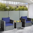 thumbnail image 3 of Gymax Ensemble de Conversation de Patio en Rotin 3 Pcs pour Extérieur Cour avec Coussin Bleu Marine, 3 of 10