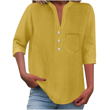 Lenpel Women's 3/4 Sleeve Tops V Neck Half Button Solid Color Business Casual Work Shirts Loose Tunic Blouses