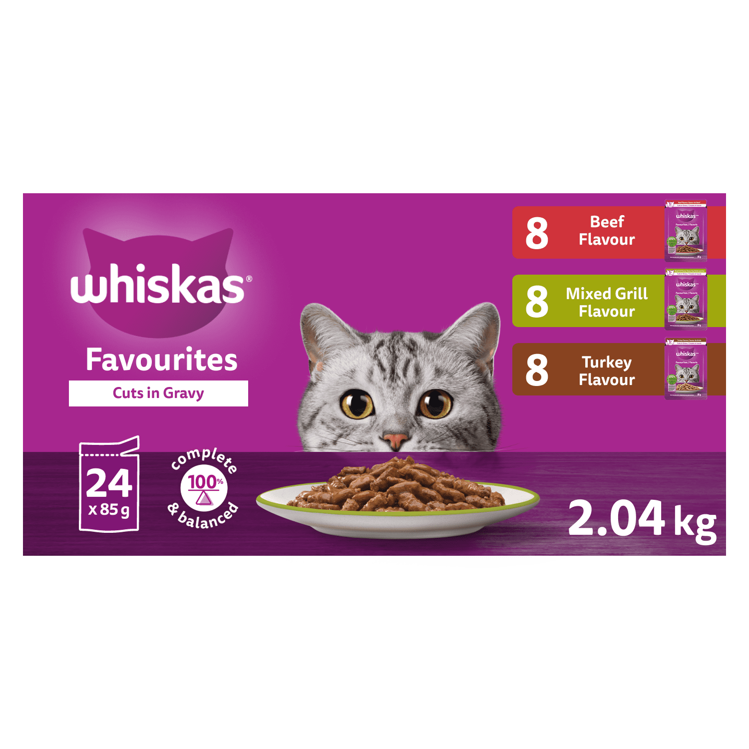 WHISKAS FAVOURITES Nourriture Humide pour Chats Adultes Morceaux en Sauce Saveur Bœuf, Saveur Dinde, et Saveur Grill Mixte Pack Variété, (24) 85g Sachet