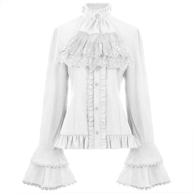 HLONK Victorian Stand Collar Top with Ruffle Steampunk Flare Sleeve Blouse