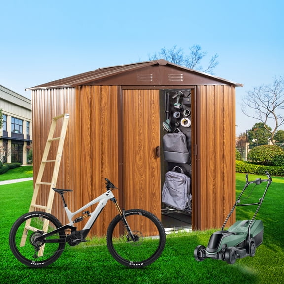 LHYY 6 Ft. Wx6 Ft. D Metal Storage Shed Appealing horizontal siding in woodgrain with coffee trim to complement