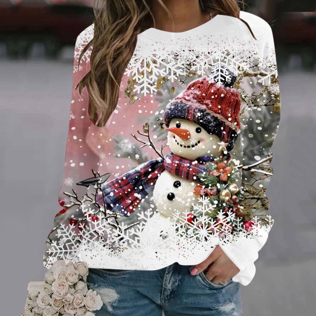 cllios Chandails de Noël pour Femmes à Manches Longues, Haut Graphique Bonhomme de Neige, Chandail à Col Rond Amusant, Chandail Graphique pour Femmes, Mode 2024