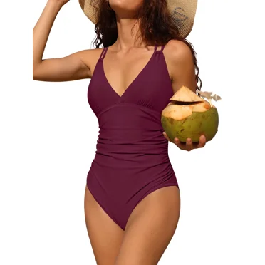 Charmo Maillots de Bain une Pièce pour Femmes à Col en V, Froncés, Gainants, Monokini