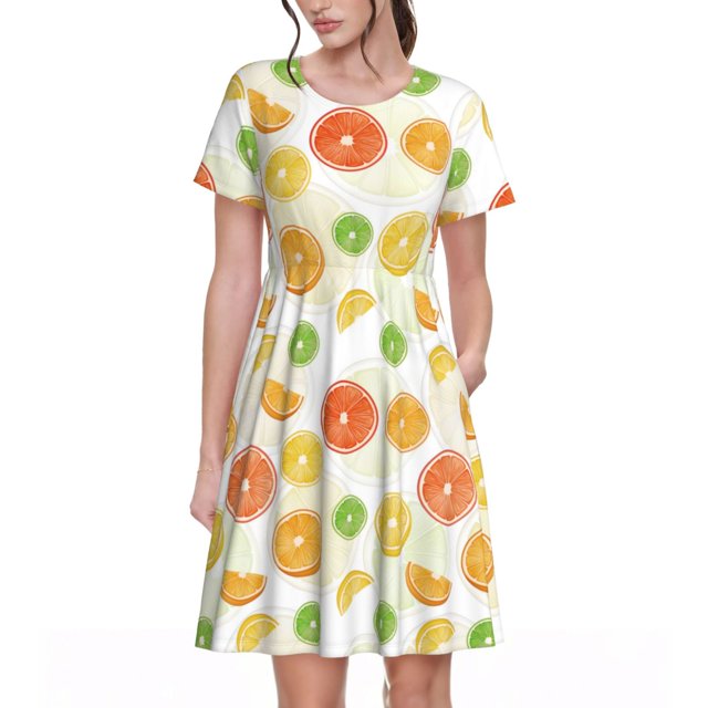 Bixox Robe d'Été à Manches Courtes pour Femme, Coupe Ample Évasée, Longueur Genou, avec Poches - Citrons Colorés
