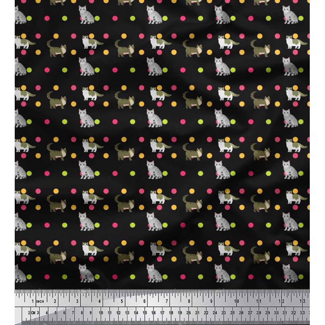 Soimoi Polyester Crepe Fabric Dot & Cat Animal Print Fabric by The Yard 42 Inch Wide