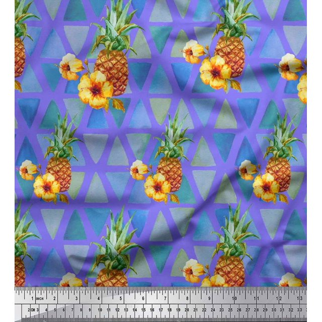 Soimoi Purple Satin Silk Fabric Triangle & Pine Fruits Print Sewing Fabric Yard 42 Inch Wide