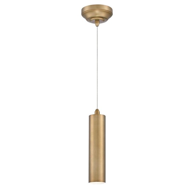 Westinghouse Lighting Rayman One-Light Dimmable LED Indoor Mini Pendant in brushed brass with a cylindrical shade suspended from an adjustable cord and round ceiling mount, featuring energy-efficient LED illumination, ideal for kitchens, dining rooms, or office spaces.