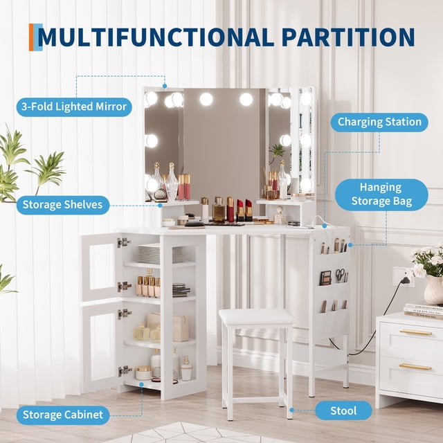 BeesClover Corner Vanity Desk with LED Lighted Mirror - 3-Fold Mirror with 3 Lighting Modes, Built-in Power Station with Outlets and USB Ports, for Bedroom