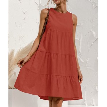 Robe Midi Sans Manches en Coton à Col Rond d'Été: Couleur Unie, Grande Swing Décontractée - L / Rouge