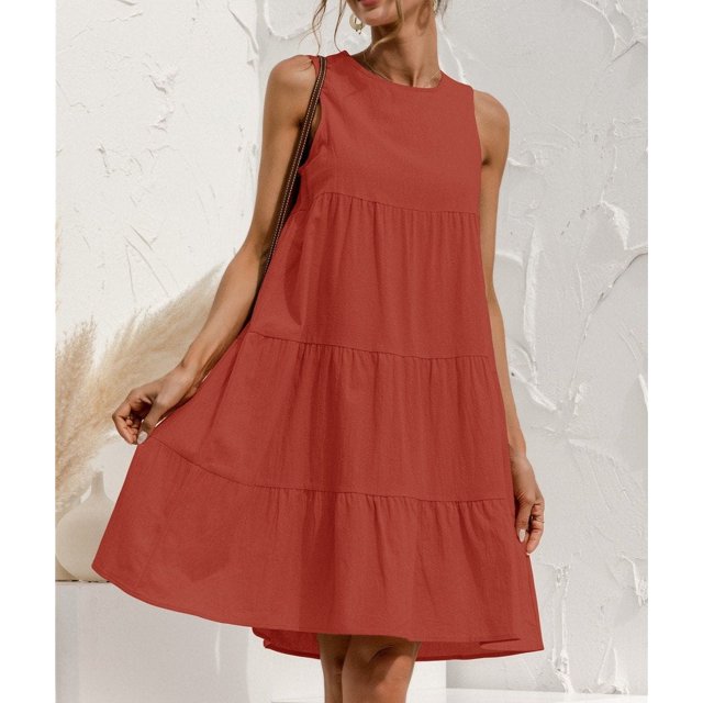 Robe Midi Sans Manches en Coton à Col Rond d'Été: Couleur Unie, Grande Swing Décontractée - L / Rouge