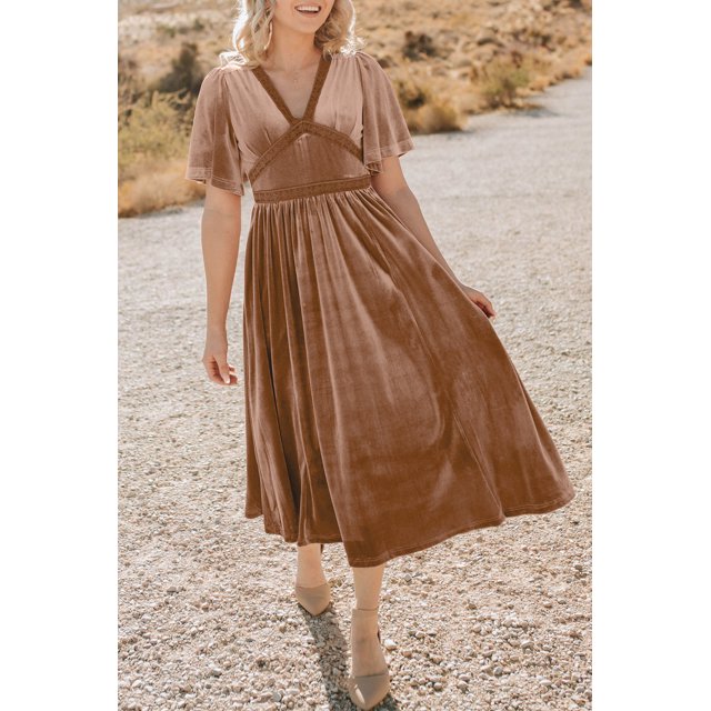 FOLUNSI Robe Maxi Élégante en Velours et Dentelle à Col en V / Parfaite pour les Événements
