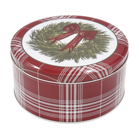 Holiday Time Christmas Red Bow Wreaths Metal Round Gift Tin with Lid, Red White Plaid, Large