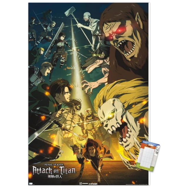 Attack on Titan : Saison 4 - Affiche Murale Key Visual 3 avec Cadre Magnétique, 22,375 Po x 34 Po Représentant une Scène de Bataille Dynamique avec des titans et des Personnages en poses d'Action Entourés de Braises Lumineuses, Imprimée sur Papier Lustré Idéale pour l'Art Mural et la Déco de Chambre.